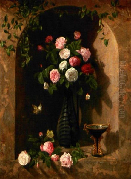 Fleurs Et Papillons Oil Painting by Paul Jean Pierre Gelibert