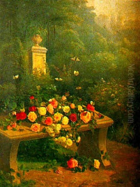 Roses Et Papillons Oil Painting by Paul Jean Pierre Gelibert