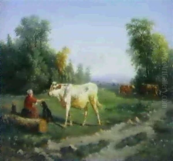 Vaches Gardees Par La Fermiere Oil Painting by Paul Jean Pierre Gelibert