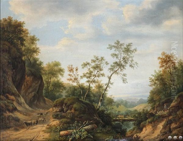 Sous-bois Accidente Et Rocheux Anime D'un Berger Aux Moutons Pres D'un Pont Oil Painting by Maximilien Lambert Gelissen