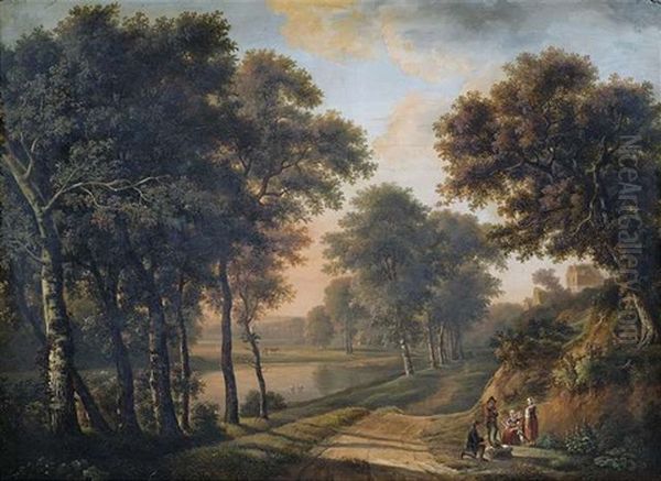 Abendliche Sommerlandschaft Mit Einer Bauernfamilie Am Wegrand Oil Painting by Maximilien Lambert Gelissen