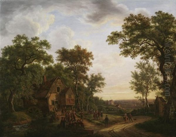 Lustige Gesellschaft Vor Der Waldmuhle (collab. W/marinus Adrianus Koelloek) Oil Painting by Maximilien Lambert Gelissen