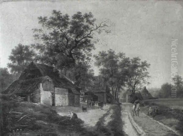 Farmhouses With Sheep, Cows And Peasants Oil Painting by Maximilien Lambert Gelissen