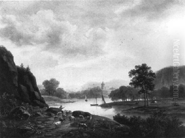 An Extensive Landscape With A Herd On The Bank Of A River Oil Painting by Maximilien Lambert Gelissen