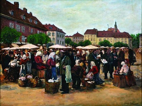 Jewish Figures In The Market Square Oil Painting by Johann Nepomuk Geller