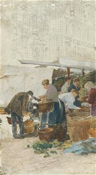 Three Small Studies:  Craftsman, Market Scene And View Of Nuremberg Oil Painting by Johann Nepomuk Geller