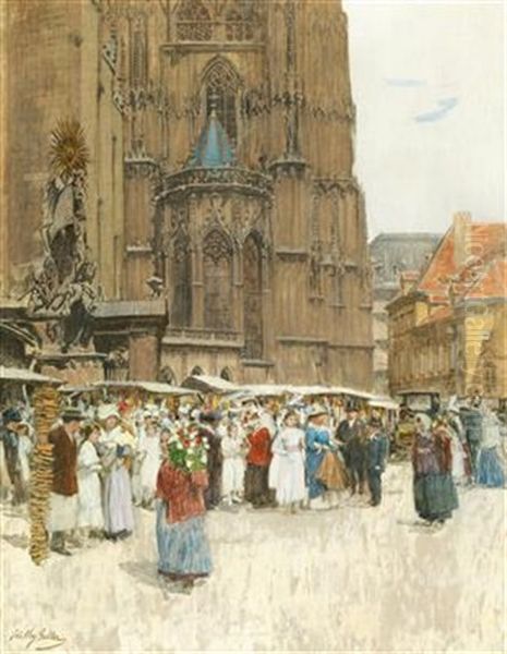 The Day Of Confirmation On Stephansplatz Oil Painting by Johann Nepomuk Geller