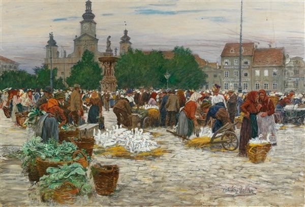 Hustle And Bustle By The Samson Fountain In The Market Place At Budweis Oil Painting by Johann Nepomuk Geller