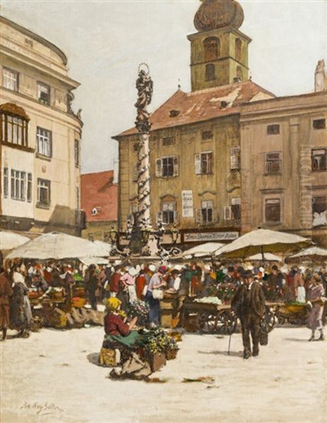 Market At The Herrenplatz In St. Polten Oil Painting by Johann Nepomuk Geller