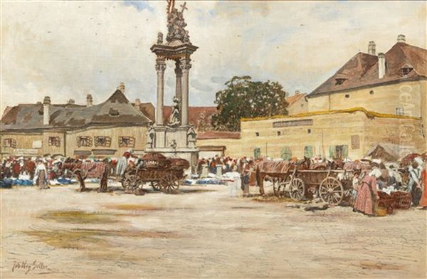 Market In Front Of The Holy Trinity Column In Krems By The Danube Oil Painting by Johann Nepomuk Geller