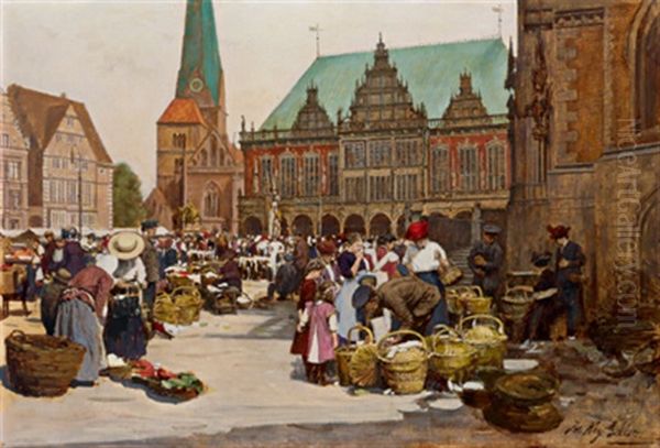 Blick Auf Den Marktplatz In Bremen Oil Painting by Johann Nepomuk Geller