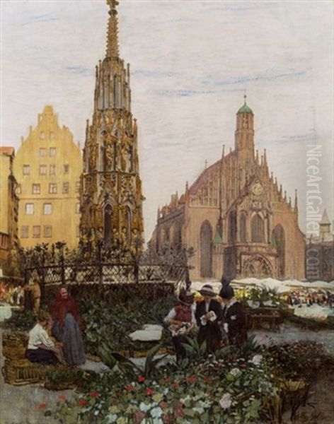 Blumenmarkt In Nurnberg Oil Painting by Johann Nepomuk Geller