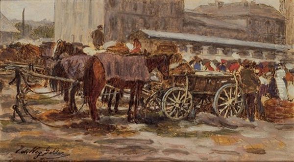 Pferdefuhrwerke Am Marktplatz Oil Painting by Johann Nepomuk Geller