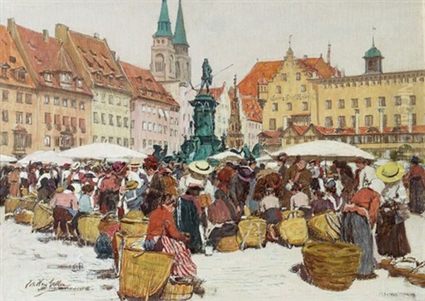 Marktplatz In Nurnberg Oil Painting by Johann Nepomuk Geller