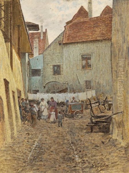 Ein Werkelmann In Weissenkirchen (?) Oil Painting by Johann Nepomuk Geller