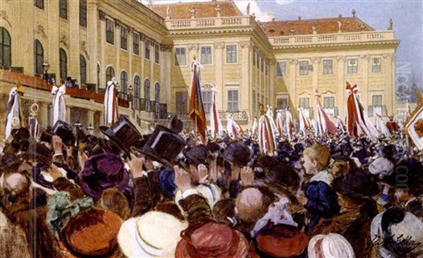 Die Friedenshuldigung In Schonbrunn Am 18. April 1909 Oil Painting by Johann Nepomuk Geller