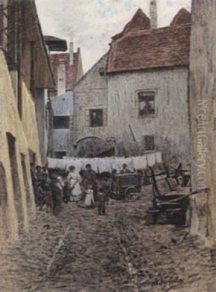 Der Werkelmann In Weissenkirchen Oil Painting by Johann Nepomuk Geller