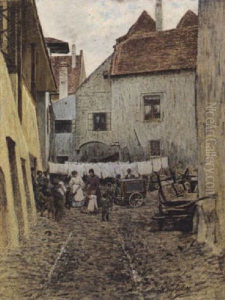 Der Werkelmann In Weissenkirchen (?) Oil Painting by Johann Nepomuk Geller