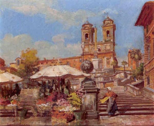 Blumenmarkt Am Fus Der Spanischen Treppe, Im Hintergrund Trinita De Monti, Rom Oil Painting by Johann Nepomuk Geller