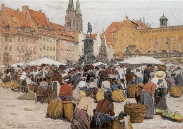 Marktplatz In Nurnberg Oil Painting by Johann Nepomuk Geller