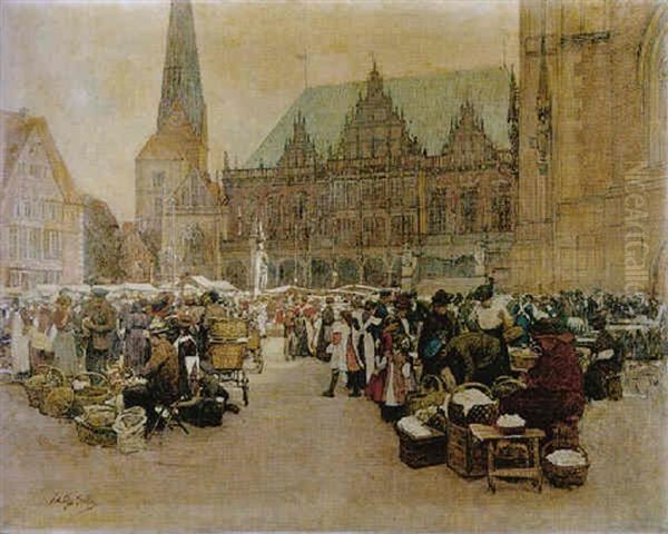 Bremer Marktplatz Mit Roland, St. Ausgari Dom, Rathaus, Liebfrauenkirche, Schutting Oil Painting by Johann Nepomuk Geller