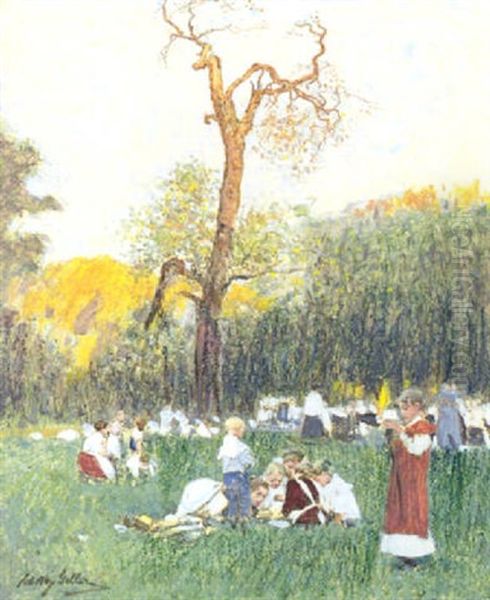 Rast Auf Der Feuerwehrwiese Im Wiener Prater Oil Painting by Johann Nepomuk Geller