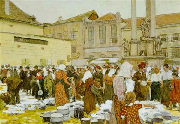 Geschirrmarkt Vor Der Dreifaltigkeitssaule Am Hauptplatz In Krems Oil Painting by Johann Nepomuk Geller