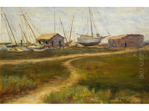 The Boat Yard, Thought To Be The Oakland Estuary Oil Painting by Frances Slater Gelwicks