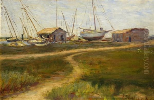 The Boat Yard, Thought To Be The Oakland Estuary Oil Painting by Frances Slater Gelwicks