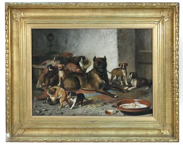 A Bulldog And Her Litter Oil Painting by Bernard de Gempt