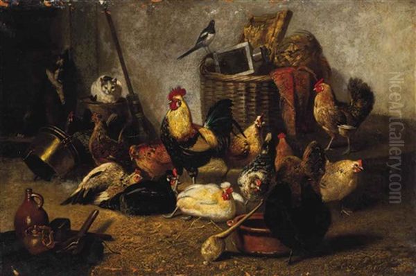 A Farmyard Gathering Oil Painting by Bernard de Gempt