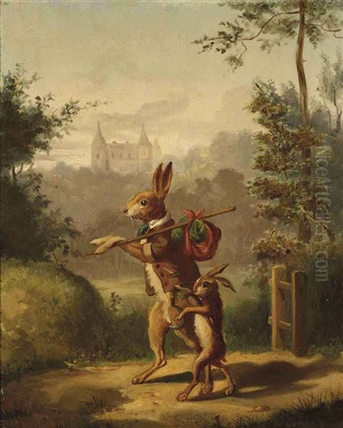 Two Hares With A Knapsack, A Castle Beyond Oil Painting by Bernard de Gempt