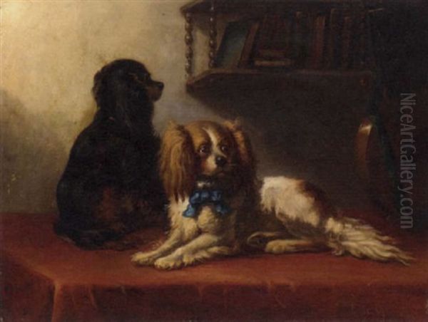 Two King Charles Spaniels With A Lute On A Draped Table Oil Painting by Bernard de Gempt