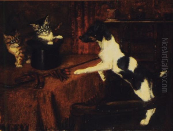 Two Cats In A Hat Surprise The Terrier Oil Painting by Bernard de Gempt