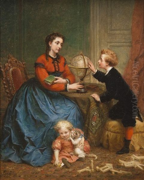 Mere Et Ses Enfants Oil Painting by Felix-Francois-Barthelemy Genaille