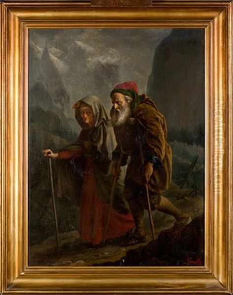 Couple Age Sur Un Chemin De Montagne, L'homme Avec Ses Bequilles, La Femme Avec Sa Canne Oil Painting by Felix-Francois-Barthelemy Genaille