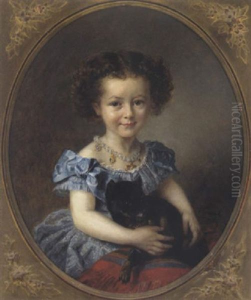 Portrait Eines Madchens Mit Hund Oil Painting by Felix-Francois-Barthelemy Genaille