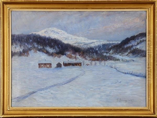 Stugor I Fjallandskap Oil Painting by Anton Genberg