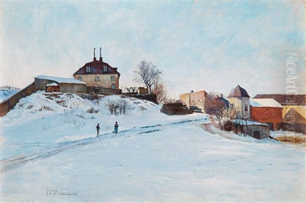 Winter Scene From Sodermalm, Stockholm Oil Painting by Anton Genberg