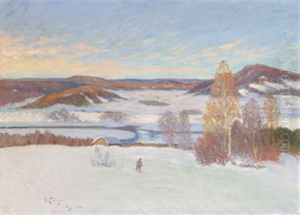 Skidakare I Vinterlandskap Oil Painting by Anton Genberg