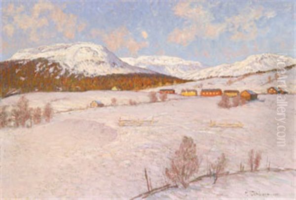 Vinterlandskap Med By Oil Painting by Anton Genberg