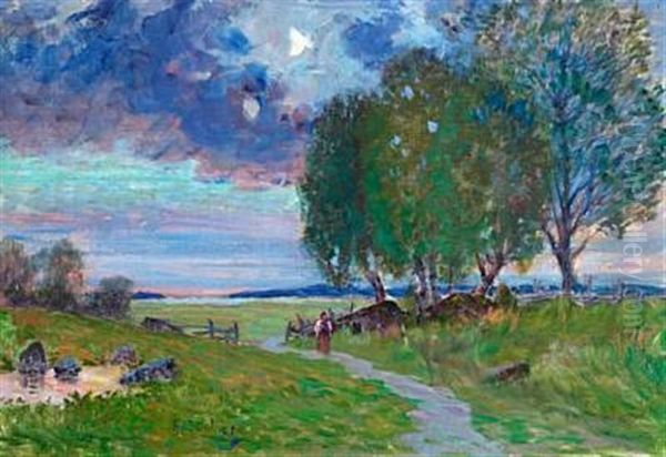 Woman In The Meadows, Evening Oil Painting by Anton Genberg