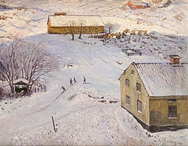 Lekande Barn I Vinterlandskap Oil Painting by Anton Genberg