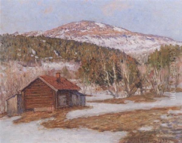 Berglandskap Med Byggnad - Vinter Oil Painting by Anton Genberg