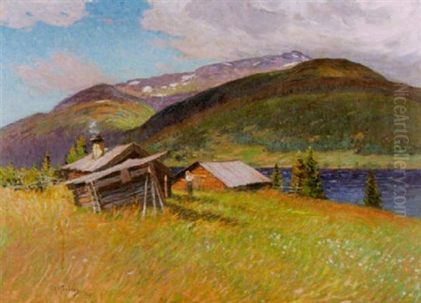 Norrlandskt Sommarlandskap Med Byggnader Vid Alven Oil Painting by Anton Genberg