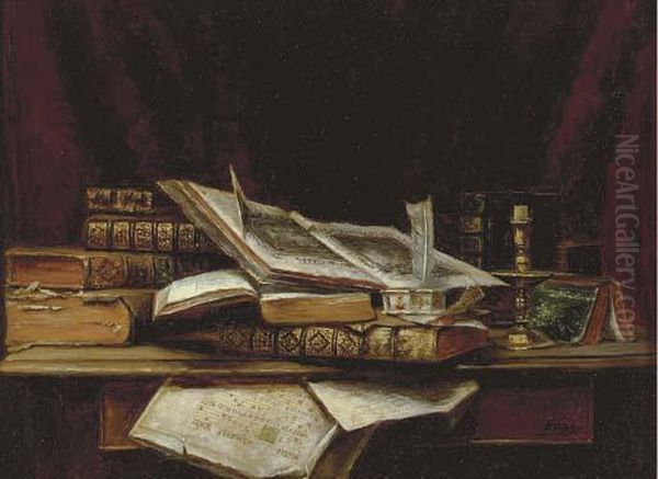 Still Life With Books Oil Painting by Adolphe Aze