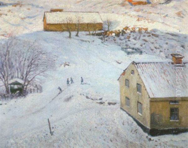 Skidakning I Vinterbacke Oil Painting by Anton Genberg