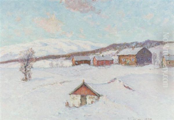 Stugor I Vinterlandskap Oil Painting by Anton Genberg