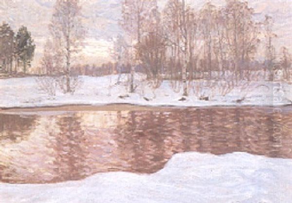 Vinterlandskap Med Vattendrag Oil Painting by Anton Genberg