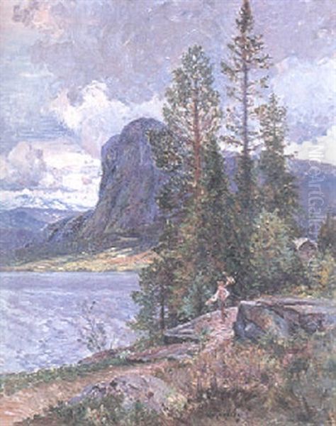 Norrlandskt Landskap Med Vandrare Oil Painting by Anton Genberg